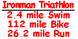 Ironman Triathlon - 2.4 mi. Swim, 112 mi. Bike, 26.2 mi. Run